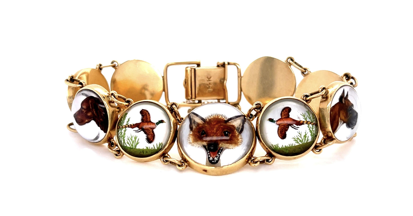 Original Victorian 14KY Essex Crystal Hunting-themed Bracelet (Antique 1890s)