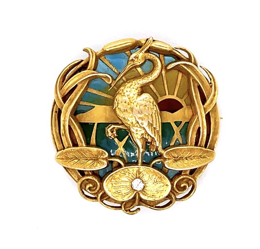 Original Art Nouveau Enamel Stork Brooch 18KY Pendant (Antique 1900s)