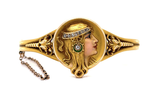Original Art Nouveau .14ct Diamond + Enamel Byzantine Woman 14KY Bangle Bracelet