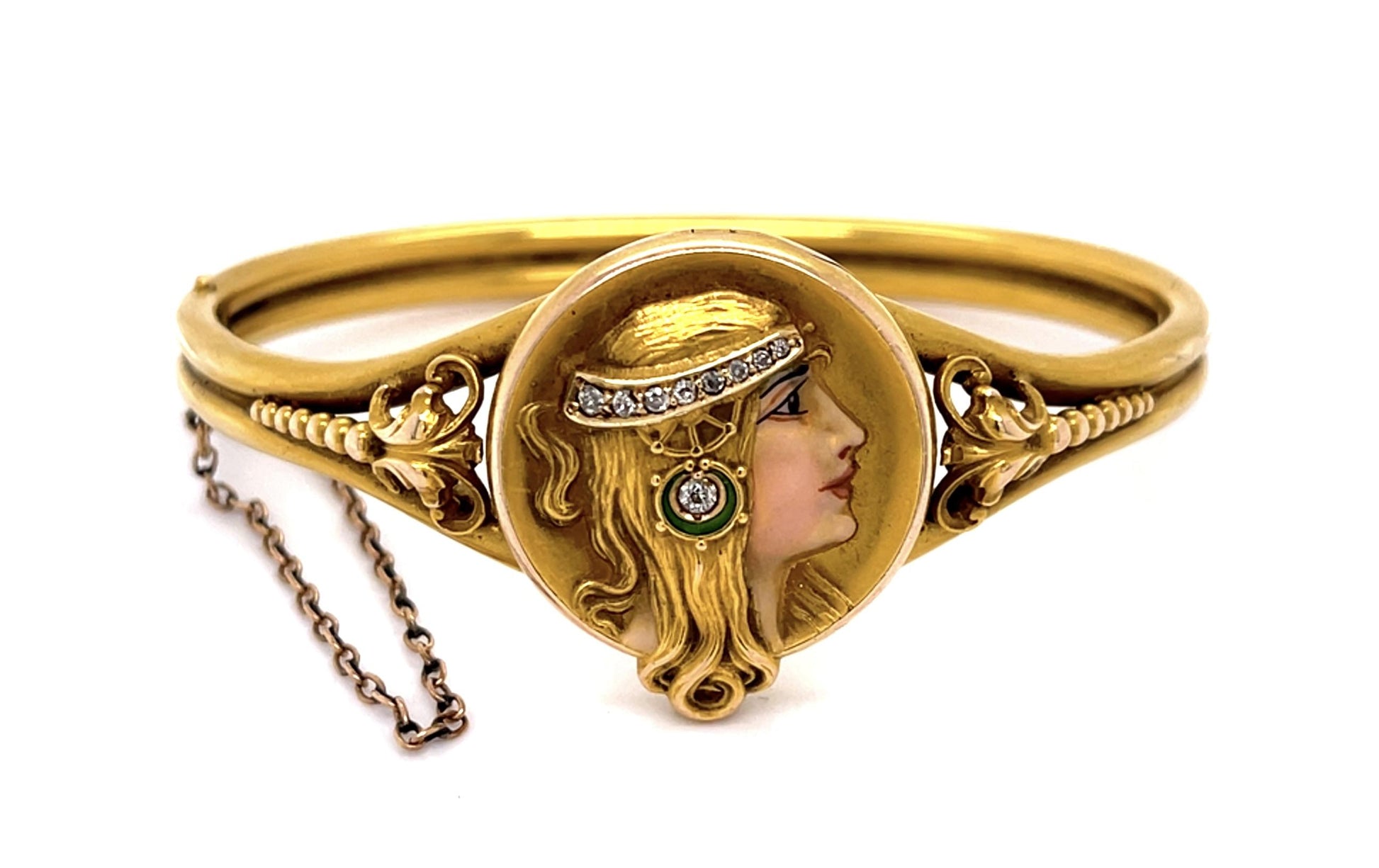 Original Art Nouveau .14ct Diamond + Enamel Byzantine Woman 14KY Bangle Bracelet