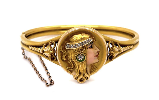 Original Art Nouveau .14ct Diamond + Enamel Byzantine Woman 14KY Bangle Bracelet