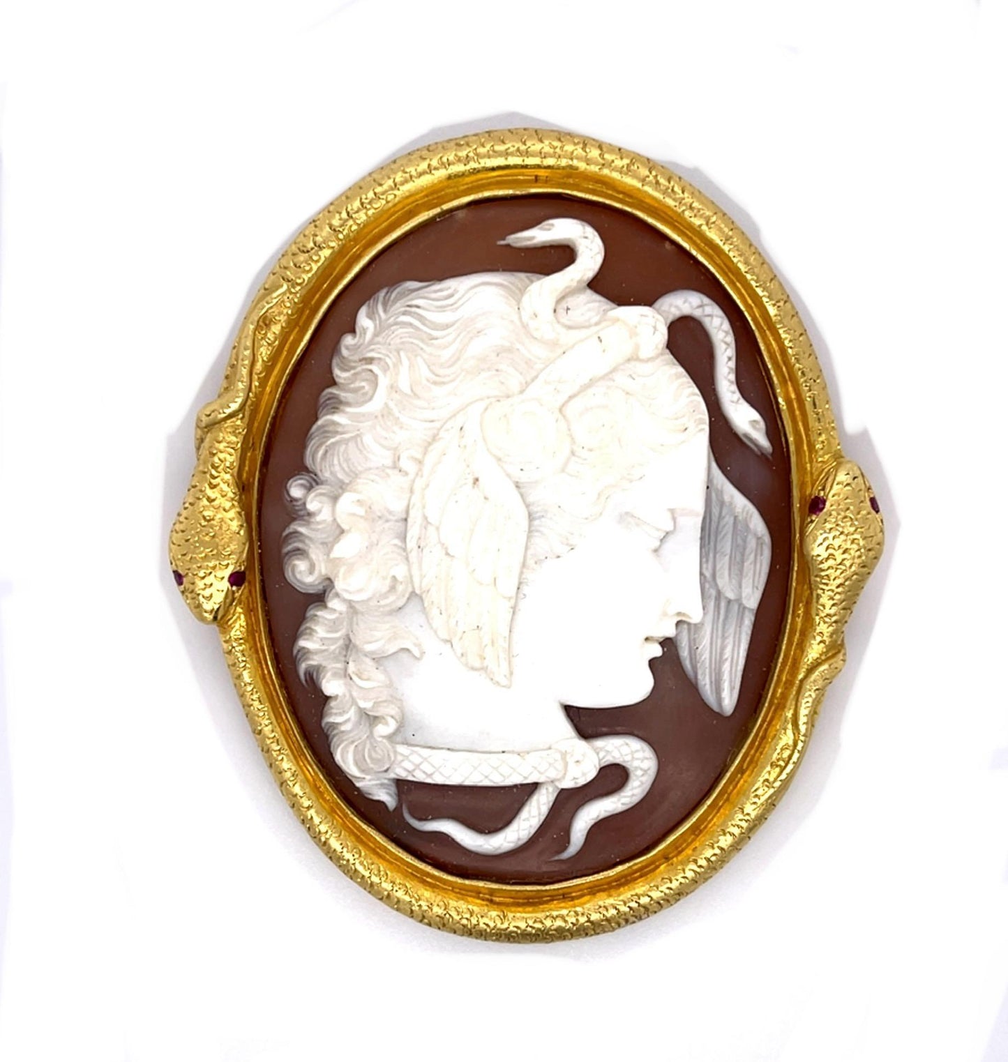 Original Art Nouveau Carved Cameo with Snake Border 18KY Brooch Pendant