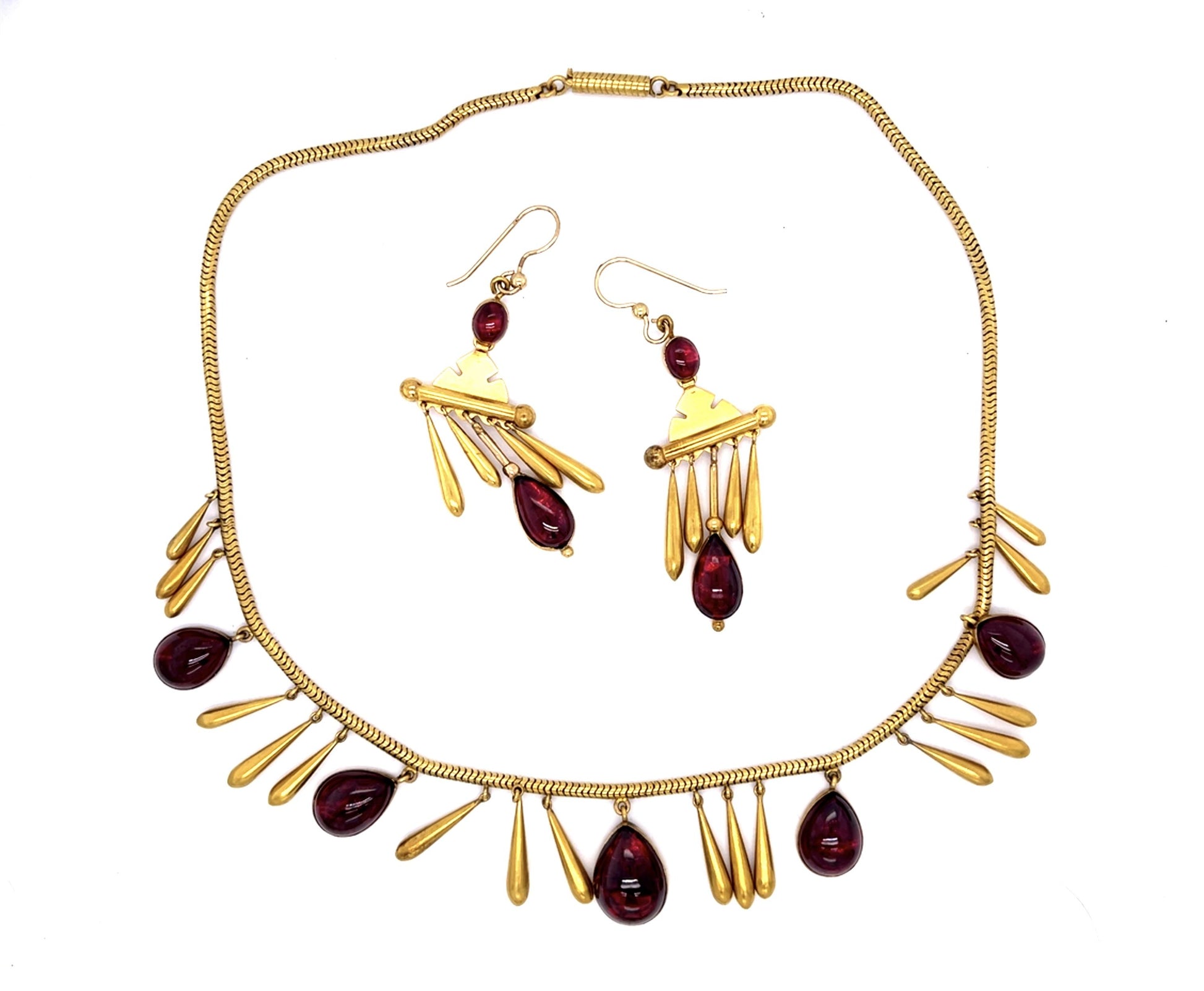 Original Victorian 53ct Garnet 16KY Necklace Earrings Set (Antique 1890s)
