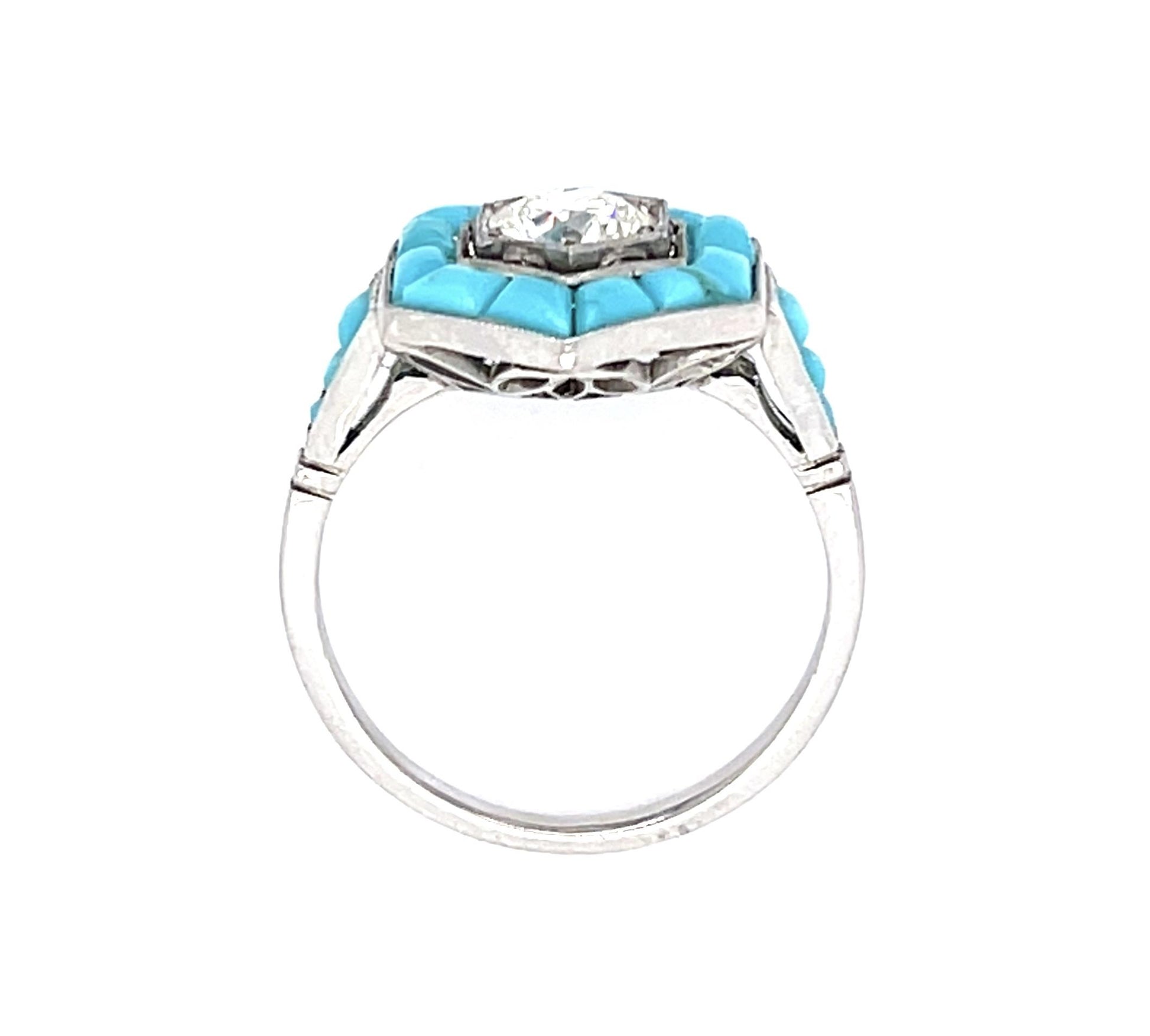 .60ct Old European Diamond + Turquoise Platinum Handmade Ring
