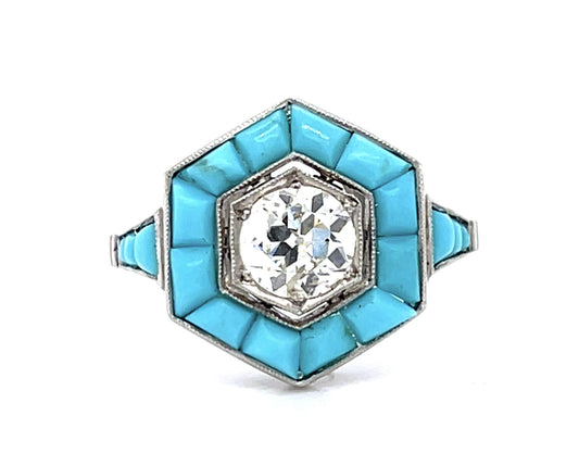 .60ct Old European Diamond + Turquoise Platinum Handmade Ring