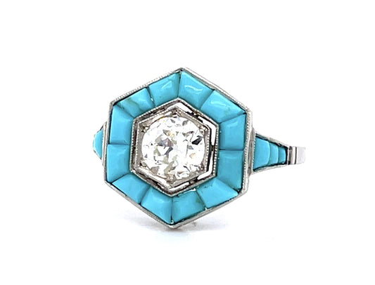 .60ct Old European Diamond + Turquoise Platinum Handmade Ring
