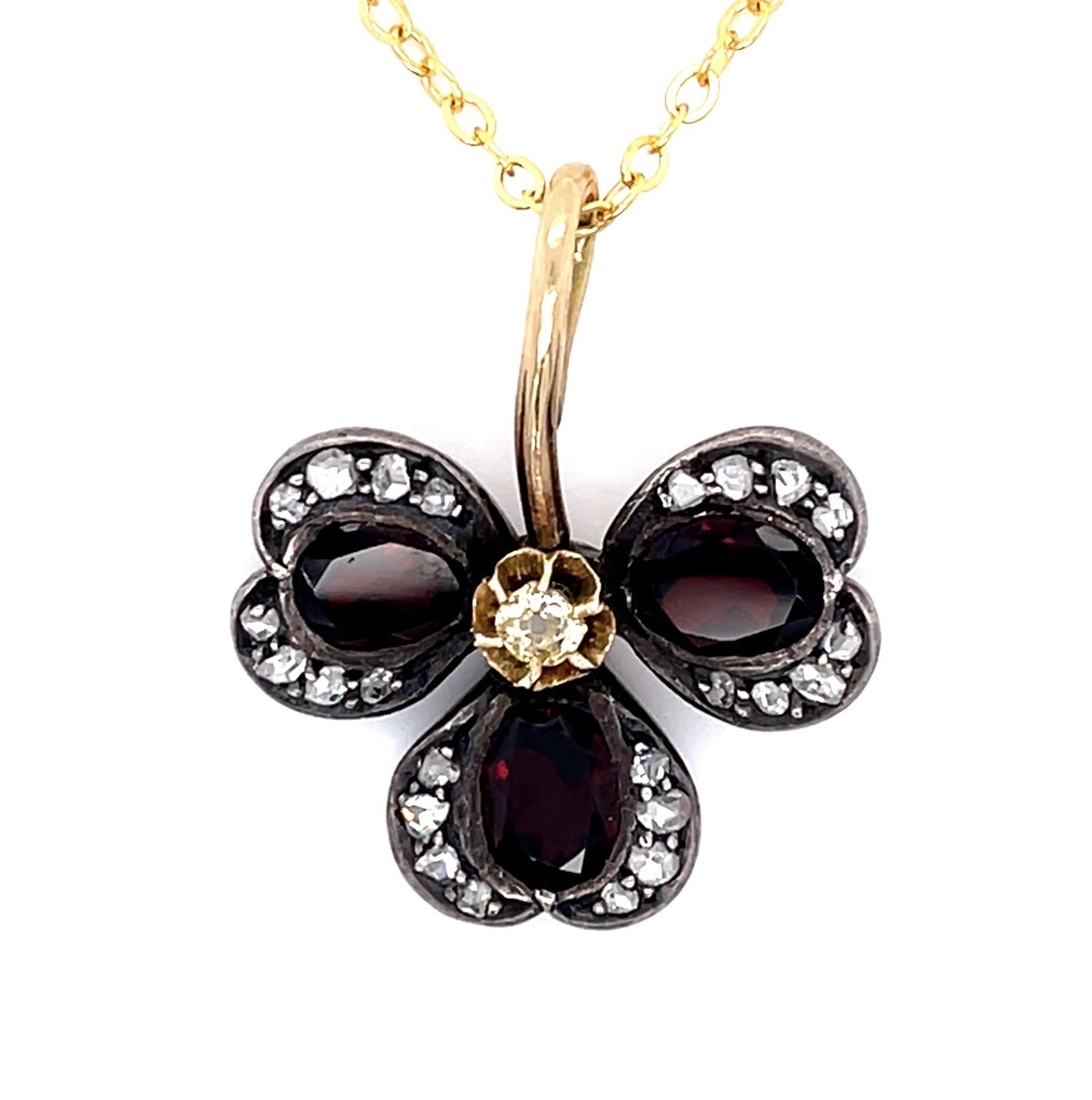 Original Victorian 3ct Garnet Three Leaf Clover Silver+14KY Pendant (Antique 188