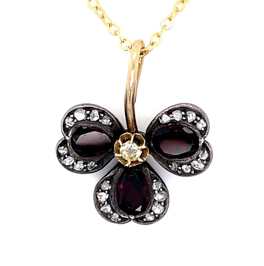 Original Victorian 3ct Garnet Three Leaf Clover Silver+14KY Pendant (Antique 188