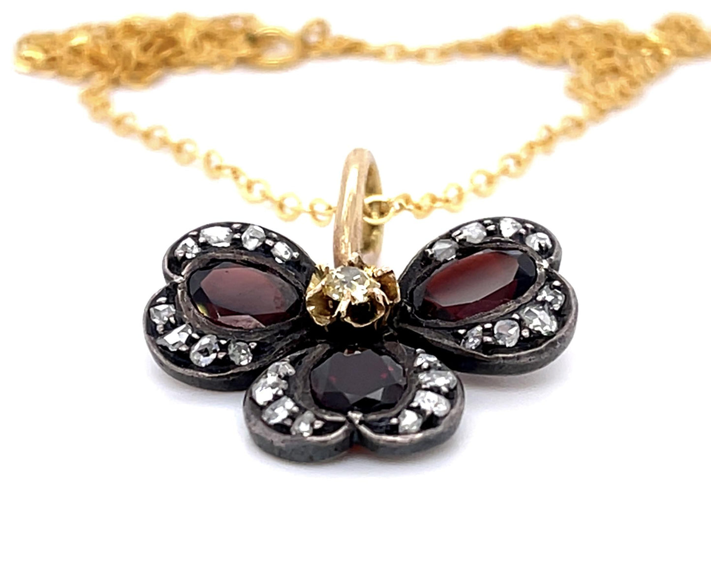 Original Victorian 3ct Garnet Three Leaf Clover Silver+14KY Pendant (Antique 188