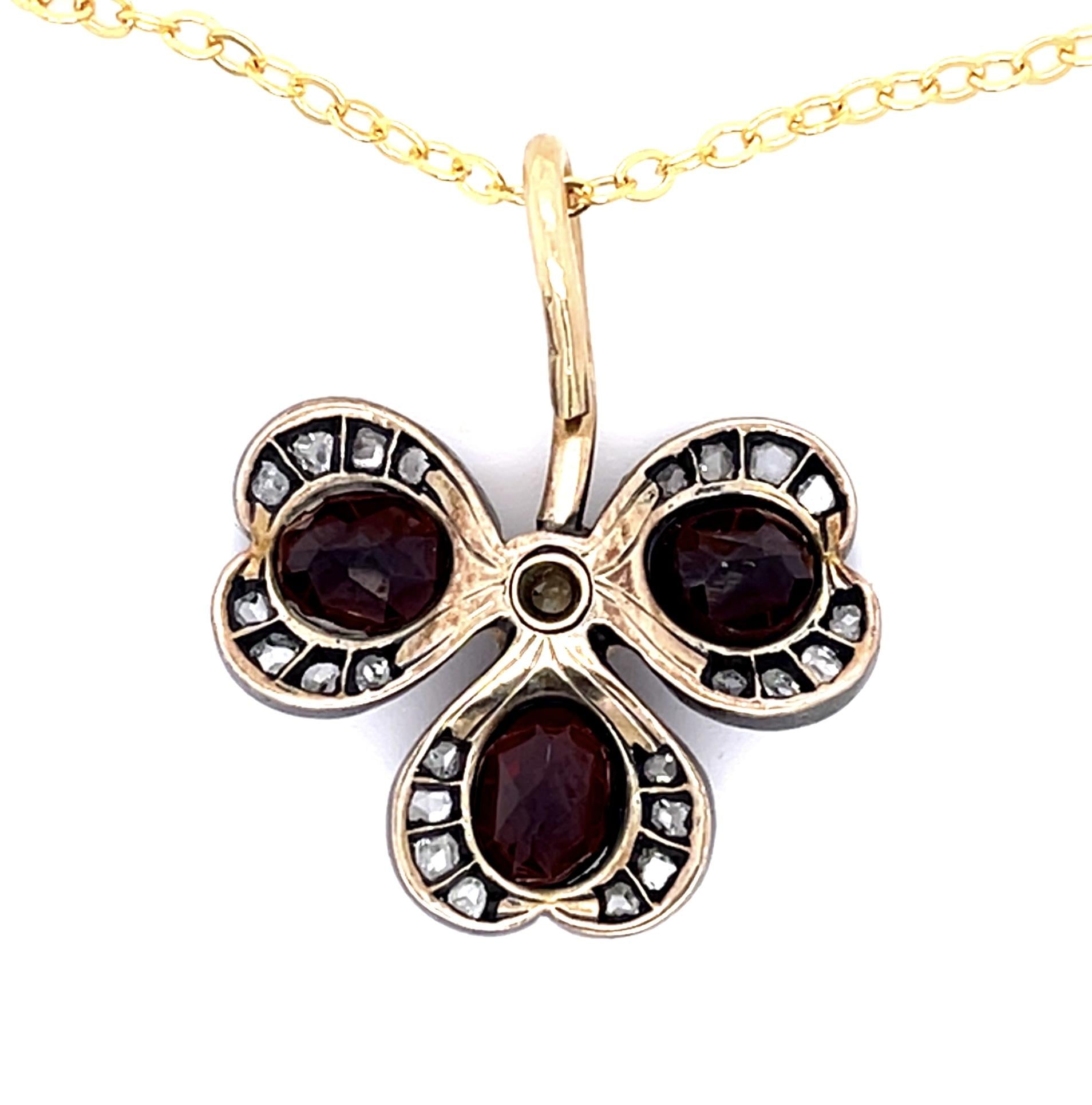 Original Victorian 3ct Garnet Three Leaf Clover Silver+14KY Pendant (Antique 188