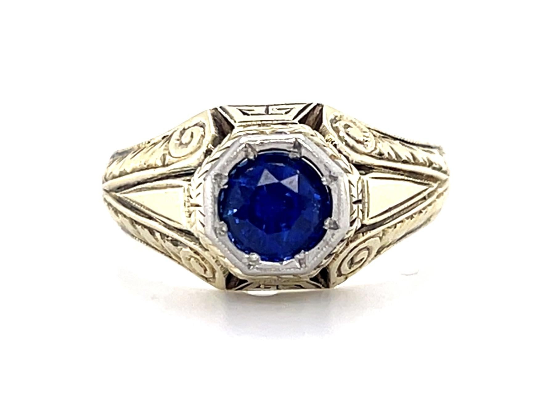 Original 1.26ct Round Sapphire 14KY Hand Engraved Men's Ring (Antique 1920s)