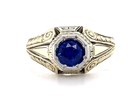 Original 1.26ct Round Sapphire 14KY Hand Engraved Men's Ring (Antique 1920s)