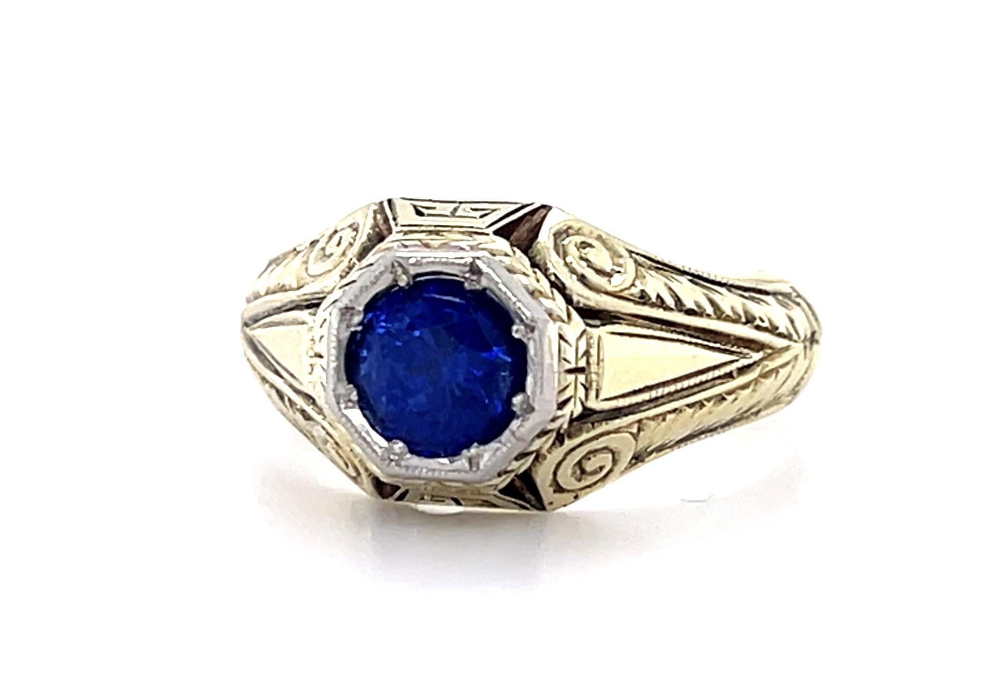 Original 1.26ct Round Sapphire 14KY Hand Engraved Men's Ring (Antique 1920s)