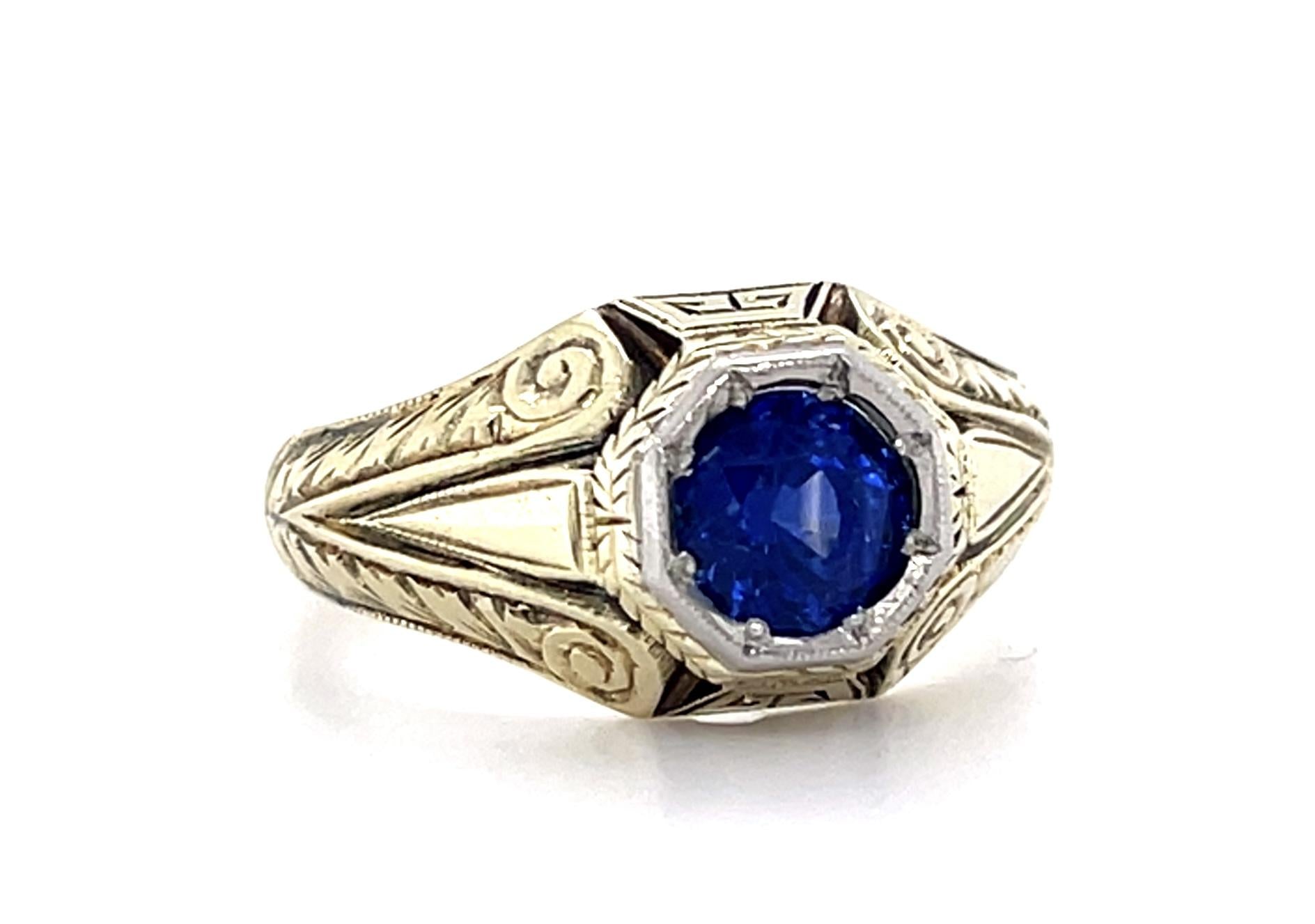 Original 1.26ct Round Sapphire 14KY Hand Engraved Men's Ring (Antique 1920s)