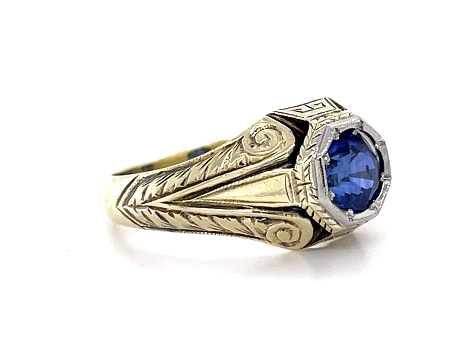 Original 1.26ct Round Sapphire 14KY Hand Engraved Men's Ring (Antique 1920s)