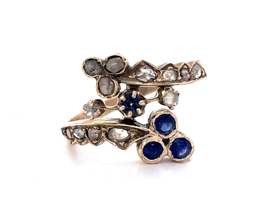 Original Victorian .70ct Rose-cut Diamond .36ct Sapphire 14KY Ring
