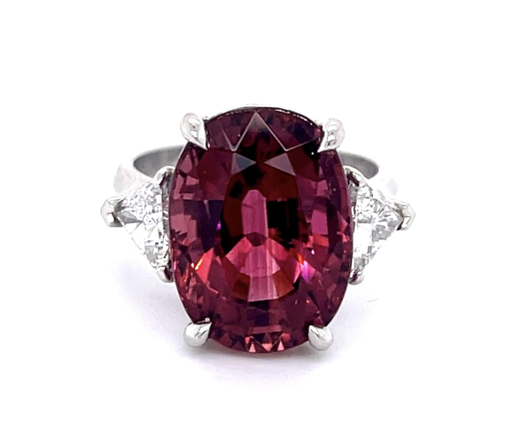 11.31ct Reddish Pink Tourmaline .98ct Trillion Diamond PT Ring