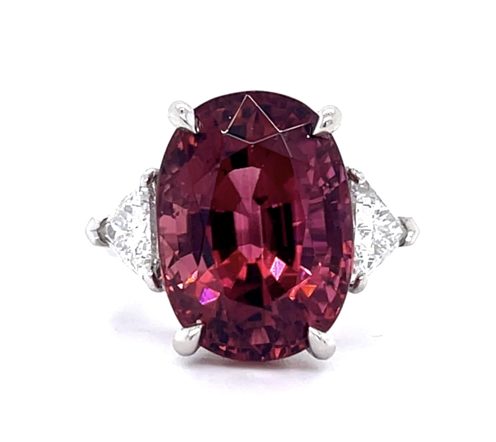 11.31ct Reddish Pink Tourmaline .98ct Trillion Diamond PT Ring