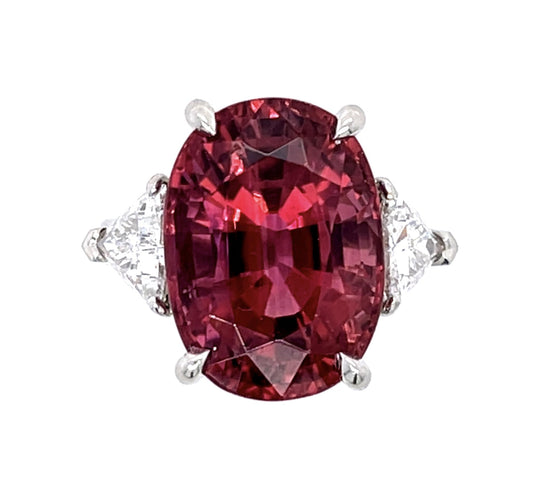 11.31ct Reddish Pink Tourmaline .98ct Trillion Diamond PT Ring