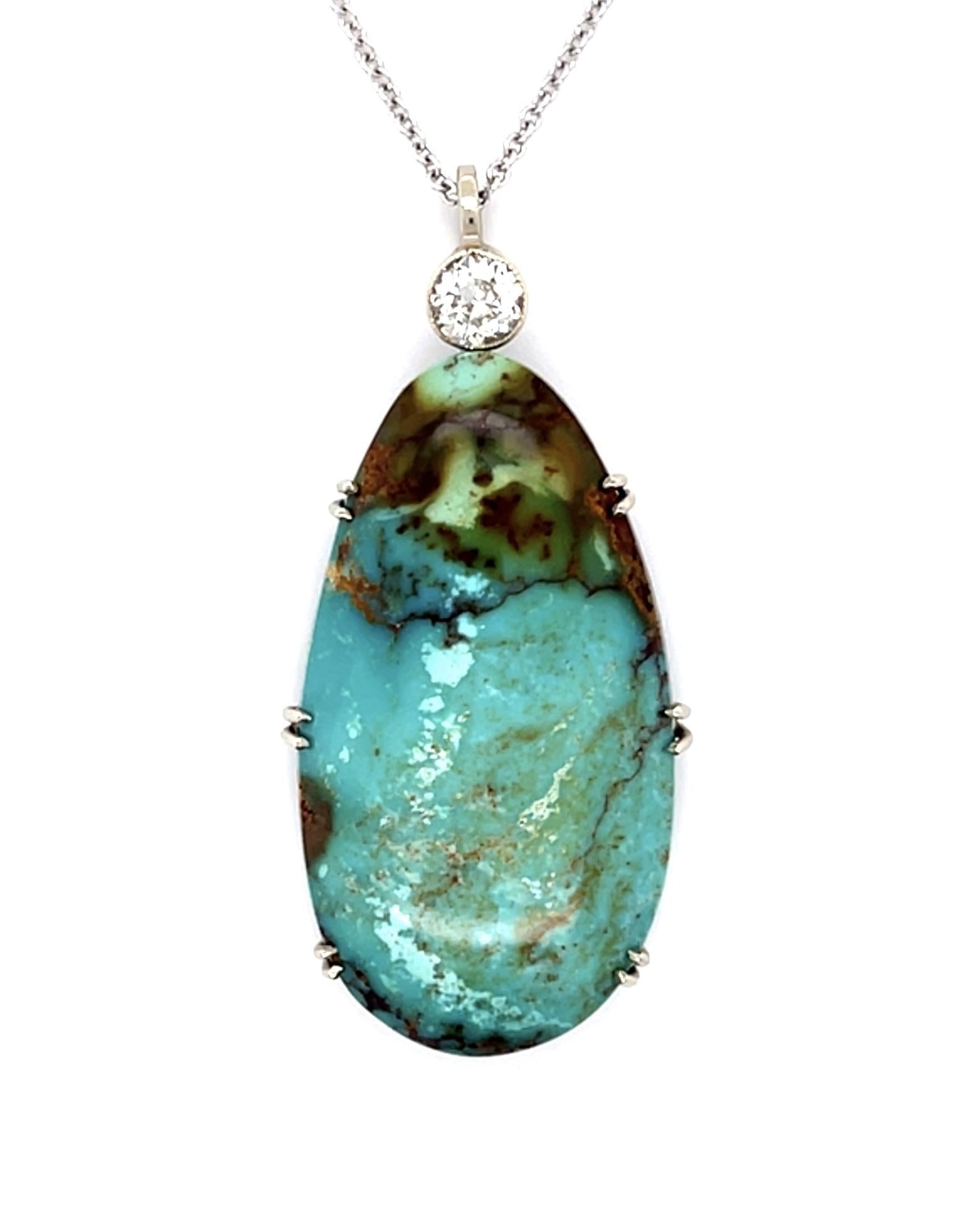 40ct Turquoise & .38ctw Diamond 14KY White Gold Pendant 8.58g Length 16