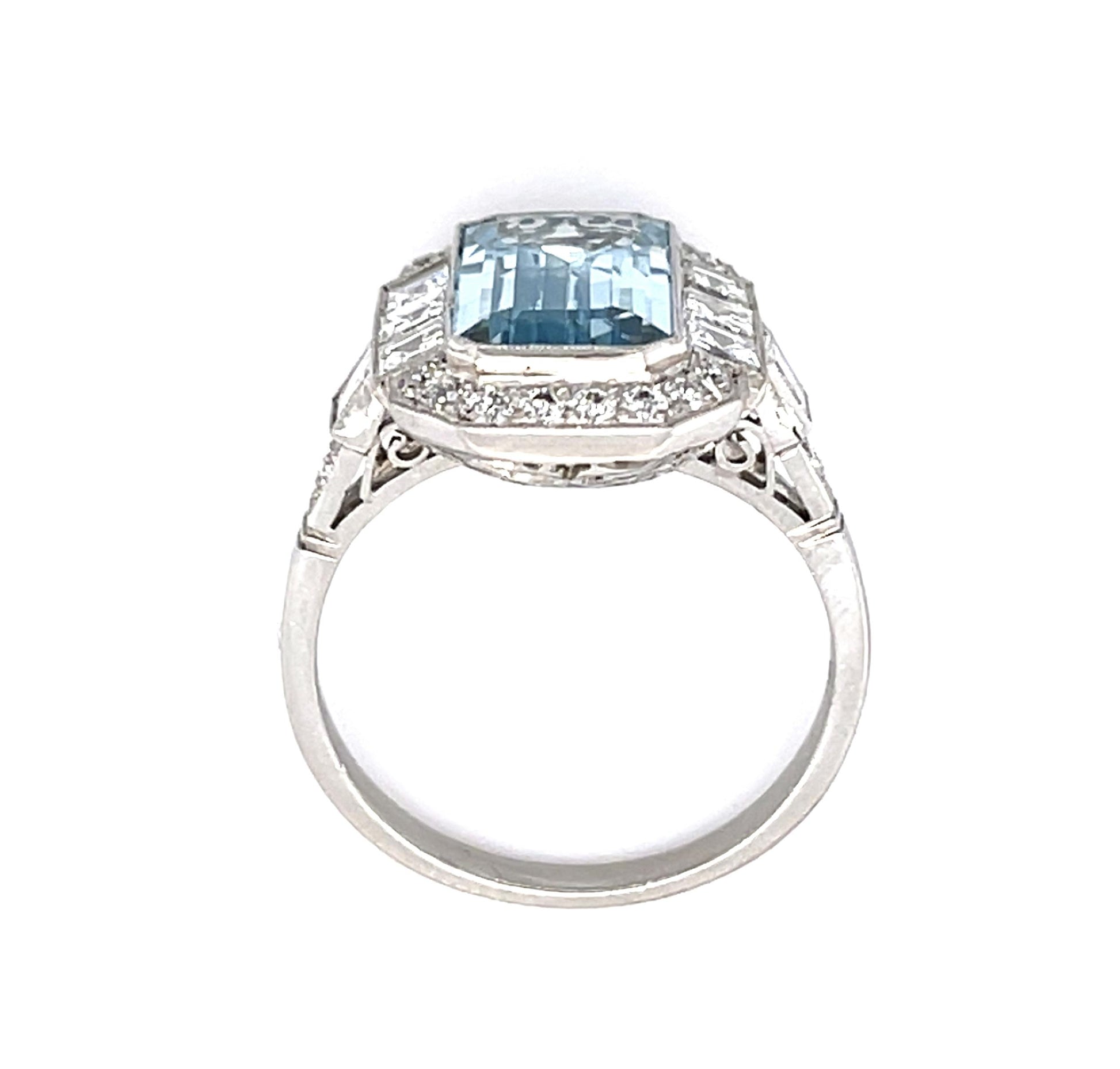 3.23ct Aquamarine 1.11ct Square Cut Diamond Platinum Handmade Ring
