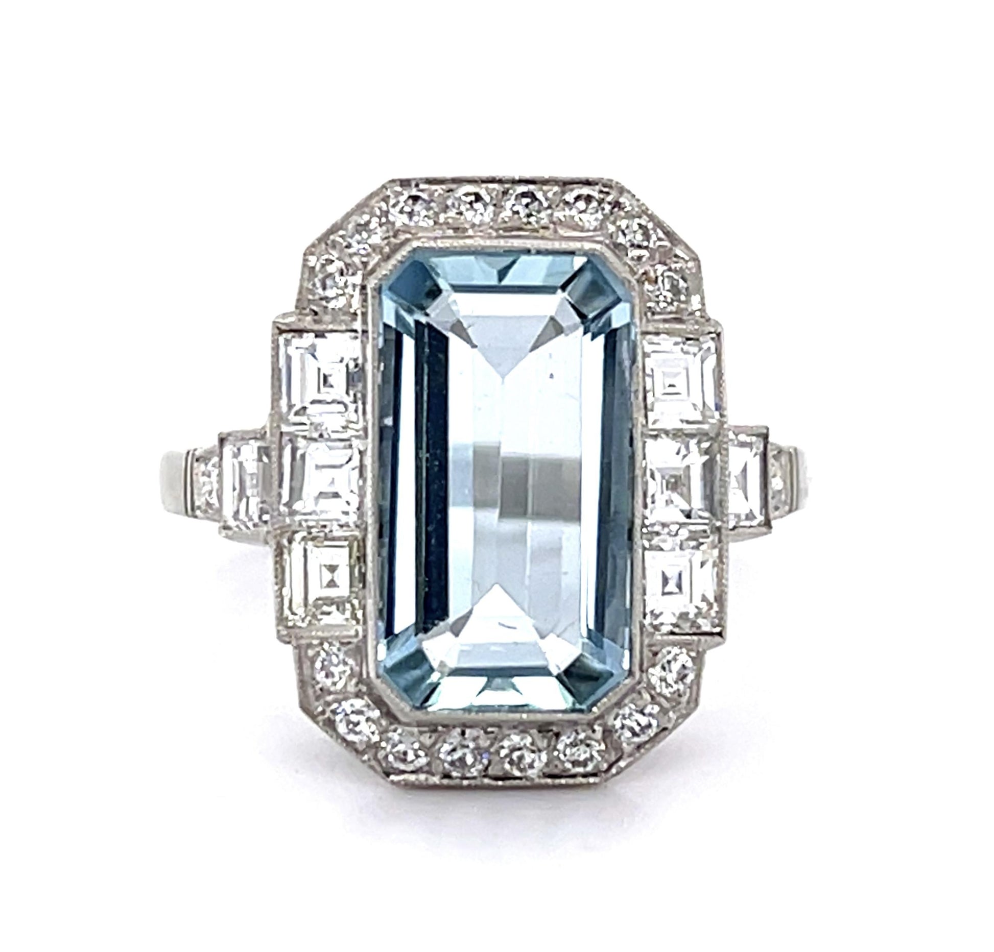 3.23ct Aquamarine 1.11ct Square Cut Diamond Platinum Handmade Ring