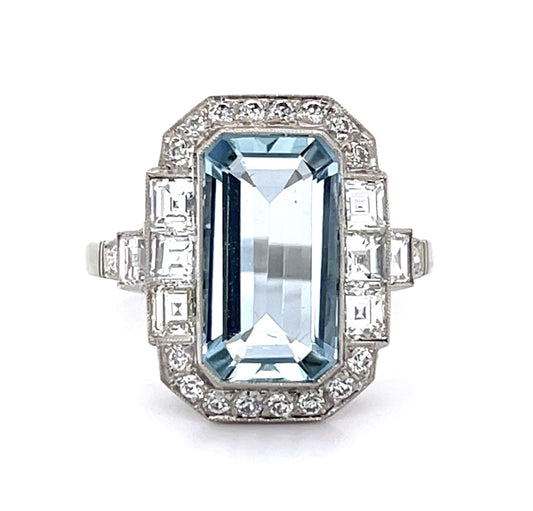 3.23ct Aquamarine 1.11ct Square Cut Diamond Platinum Handmade Ring