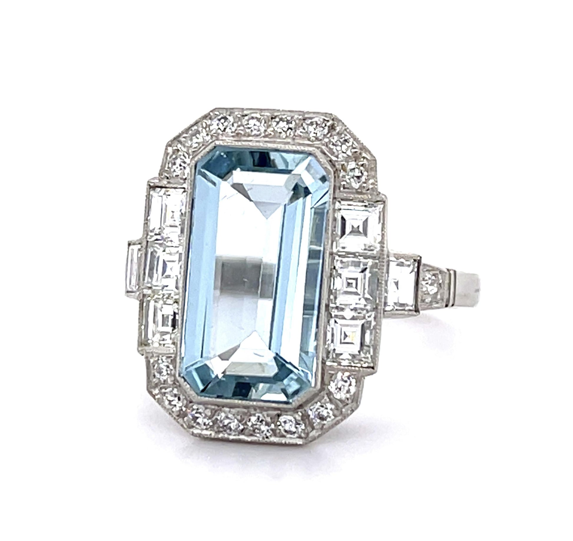 3.23ct Aquamarine 1.11ct Square Cut Diamond Platinum Handmade Ring