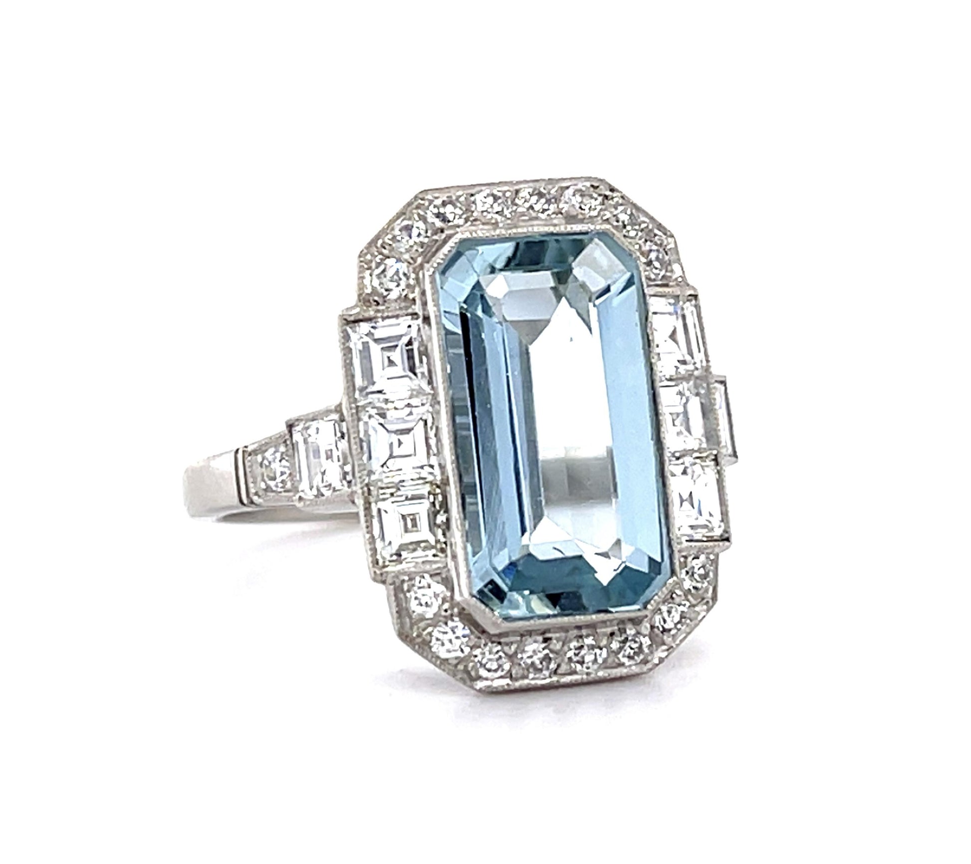 3.23ct Aquamarine 1.11ct Square Cut Diamond Platinum Handmade Ring