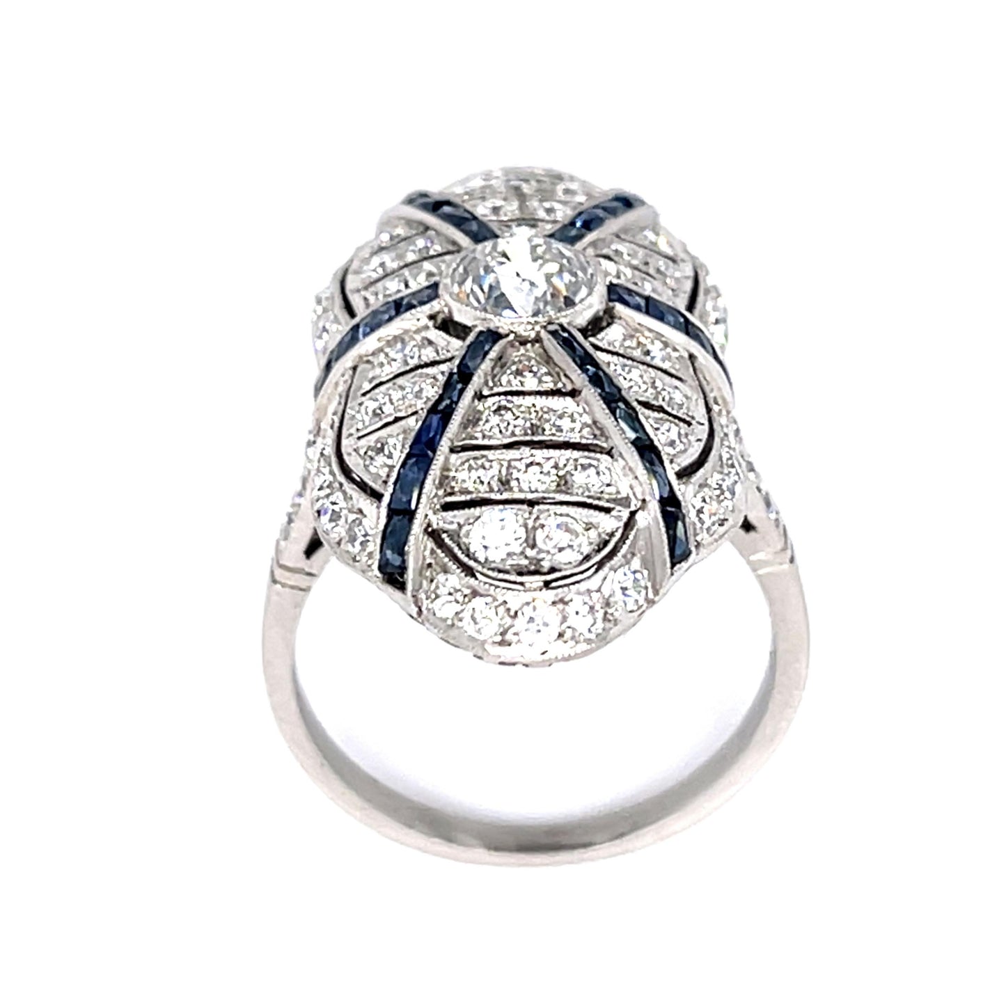 .60ct Old Mine Cut Diamond .90ct Sapphires Platinum Handmade Ring