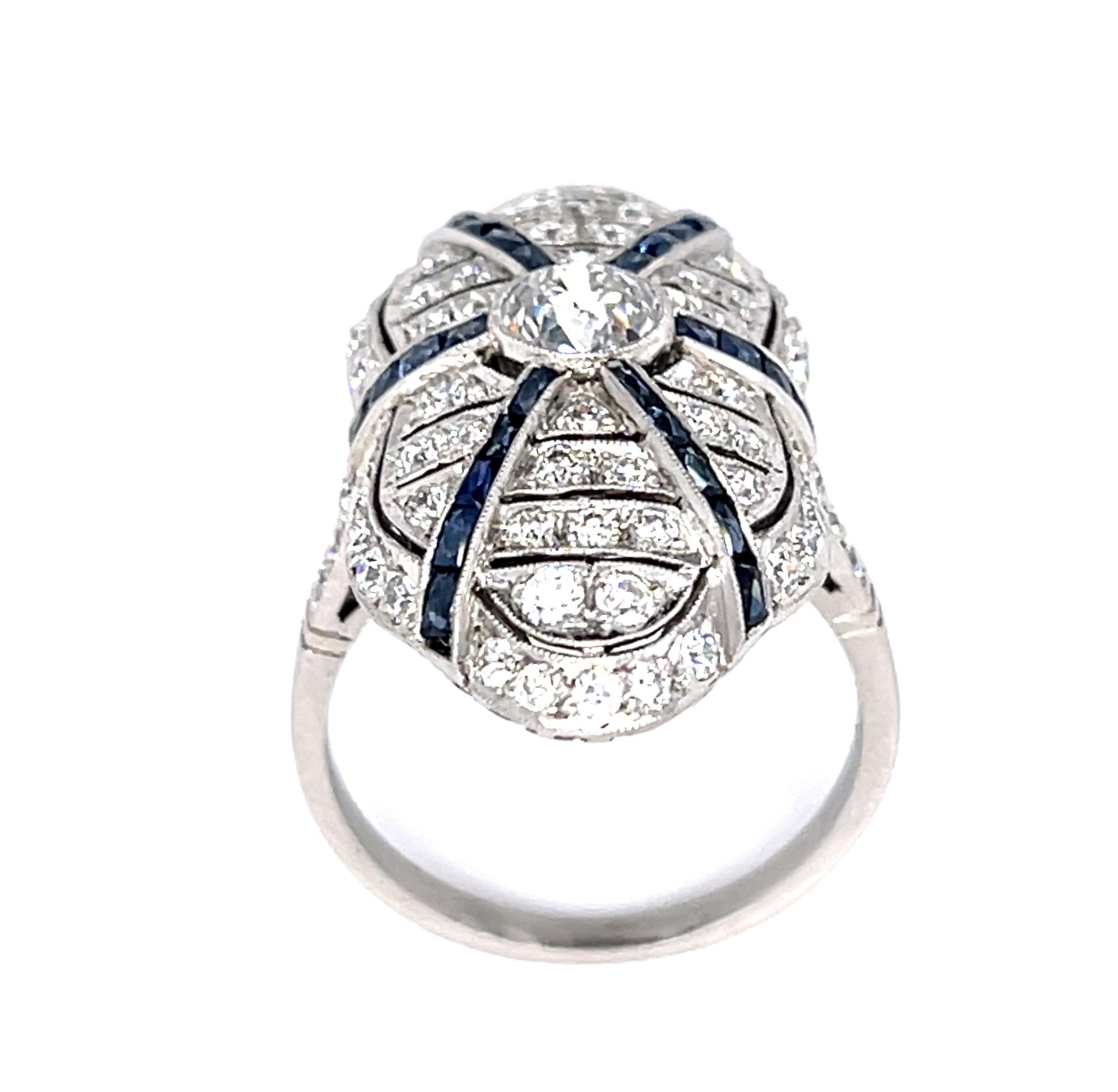 .60ct Old Mine Cut Diamond .90ct Sapphires Platinum Handmade Ring