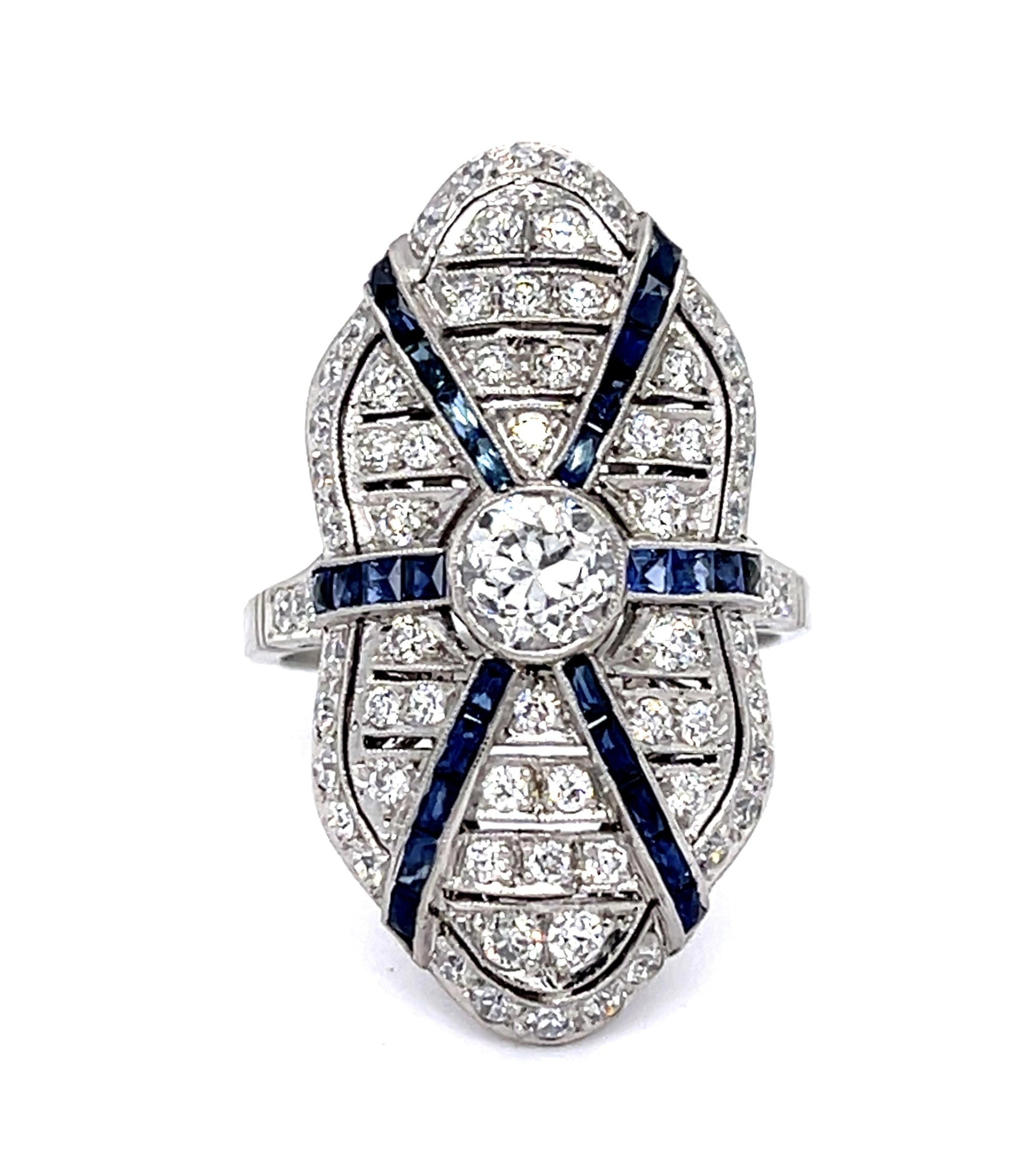 .60ct Old Mine Cut Diamond .90ct Sapphires Platinum Handmade Ring