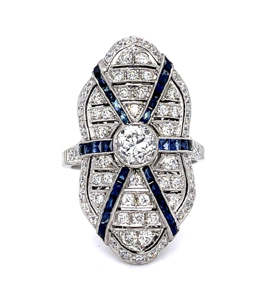 .60ct Old Mine Cut Diamond .90ct Sapphires Platinum Handmade Ring