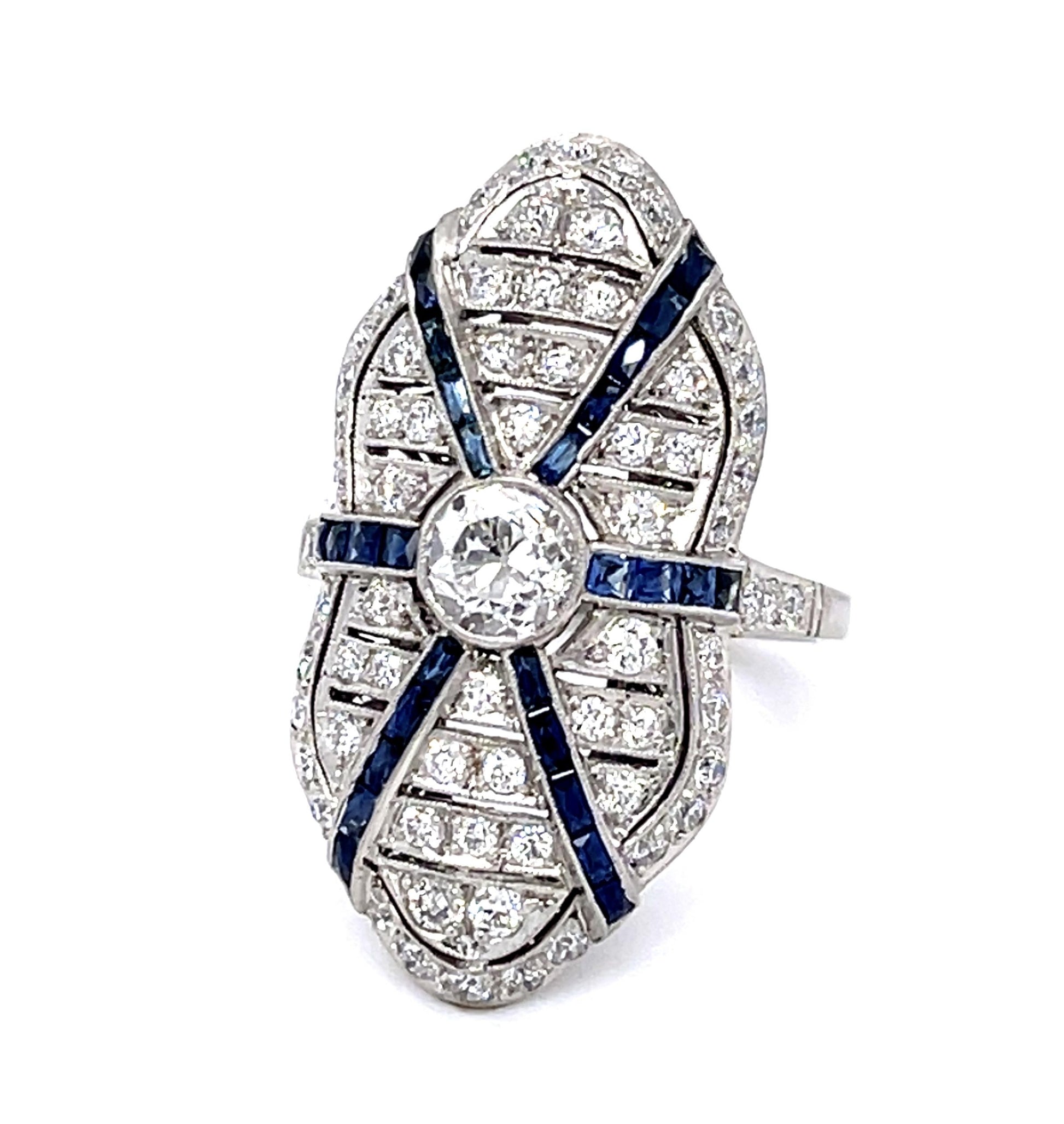.60ct Old Mine Cut Diamond .90ct Sapphires Platinum Handmade Ring