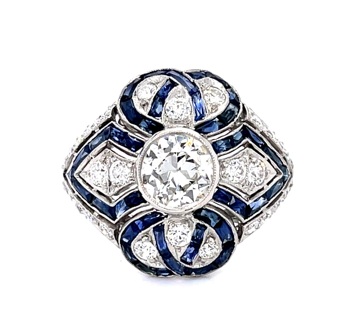 .90ct Old European Diamond 3.39ct Calibre-set Sapphire Platinum Handmade Ring