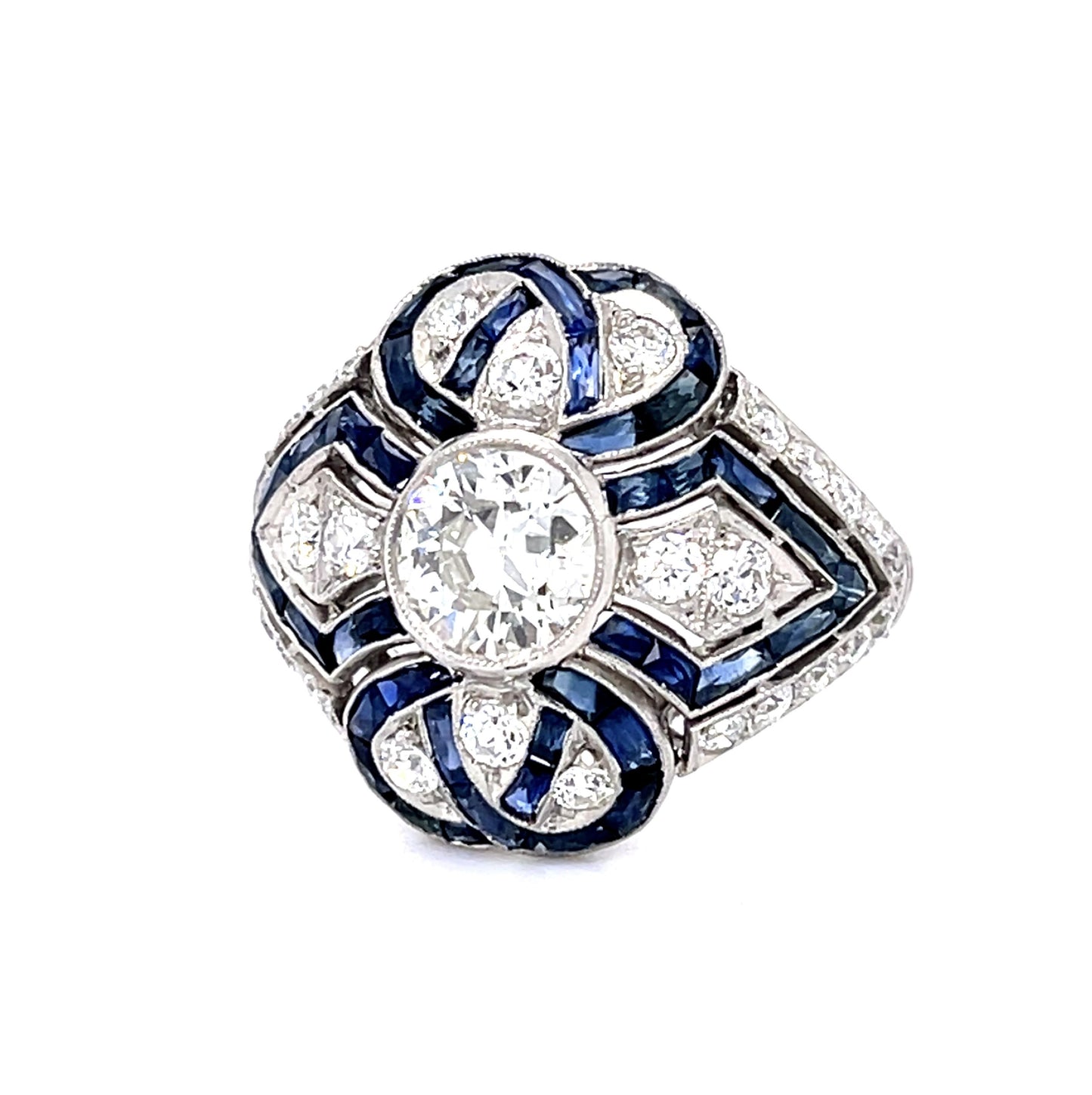 .90ct Old European Diamond 3.39ct Calibre-set Sapphire Platinum Handmade Ring