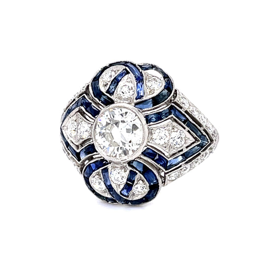 .90ct Old European Diamond 3.39ct Calibre-set Sapphire Platinum Handmade Ring