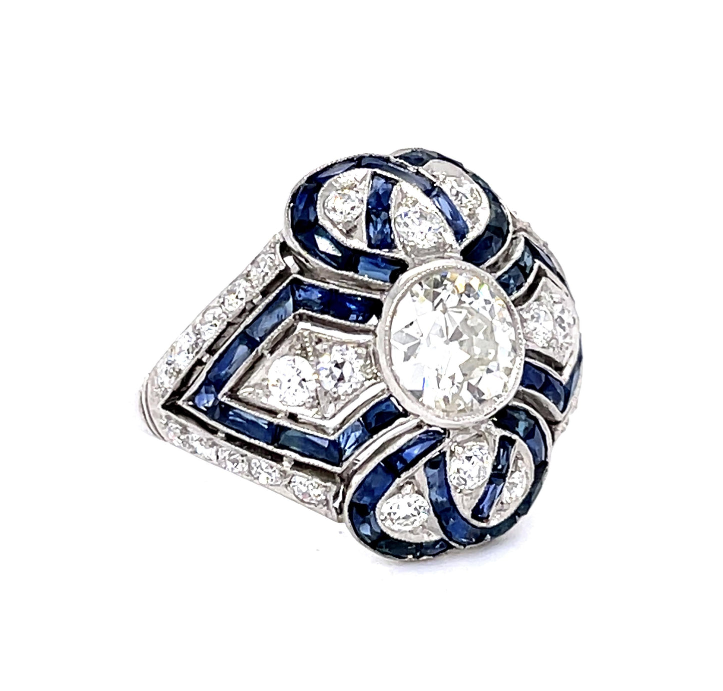 .90ct Old European Diamond 3.39ct Calibre-set Sapphire Platinum Handmade Ring