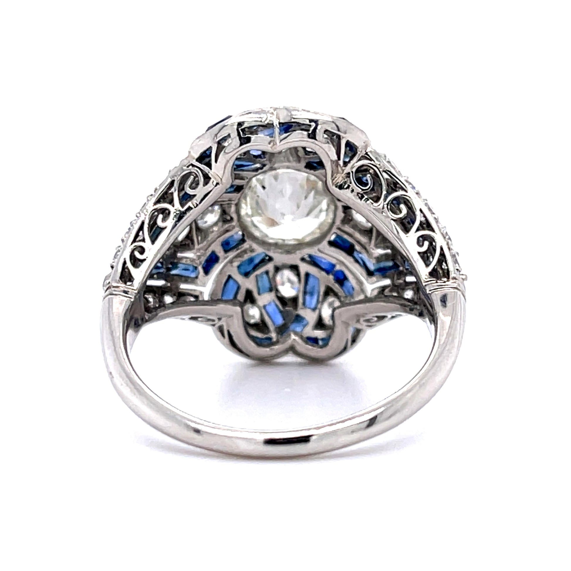 .90ct Old European Diamond 3.39ct Calibre-set Sapphire Platinum Handmade Ring
