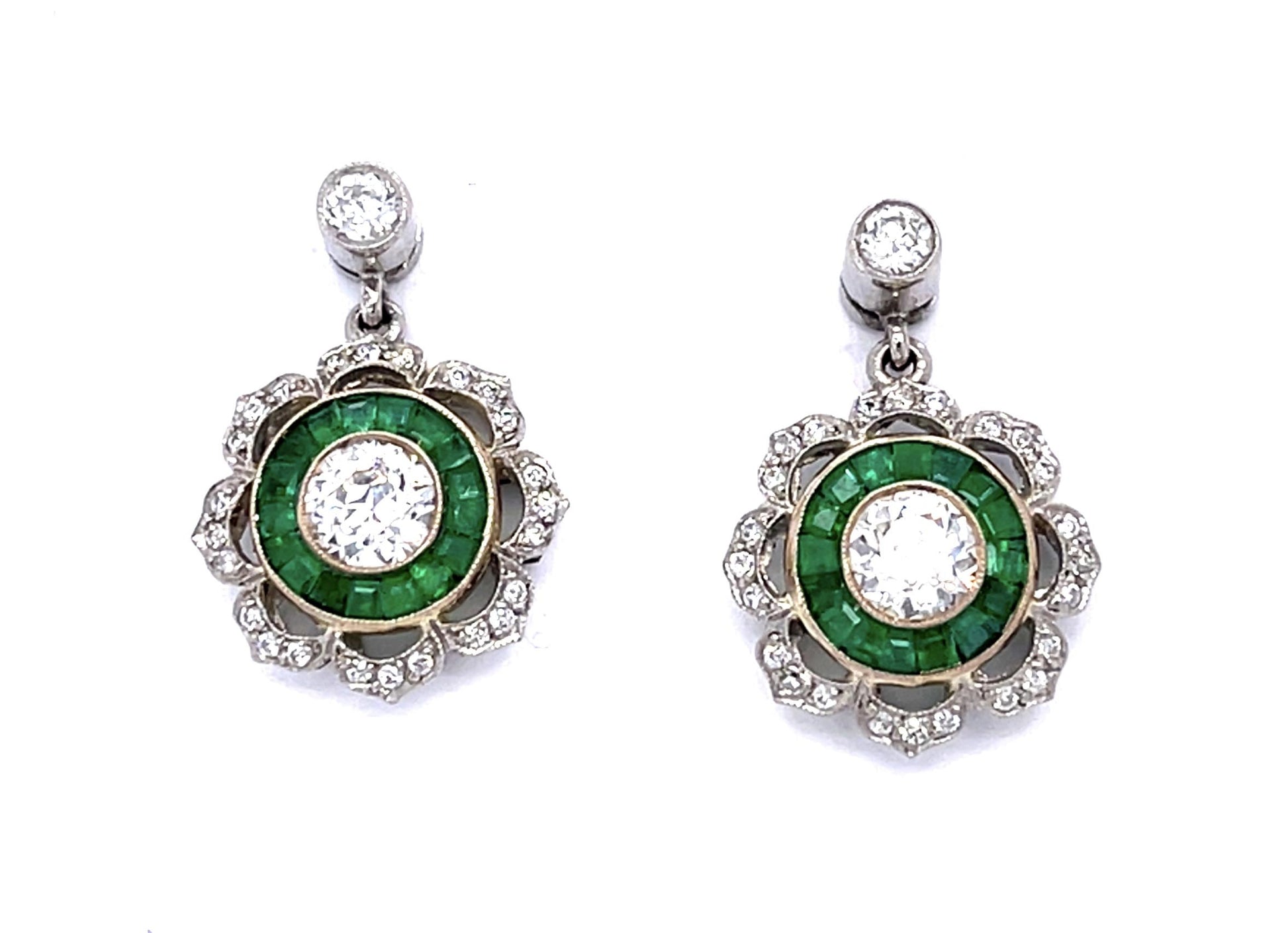 .89ct Old European Diamond 1.06ct Calibre-cut Emeralds Platinum+18KY Earrings