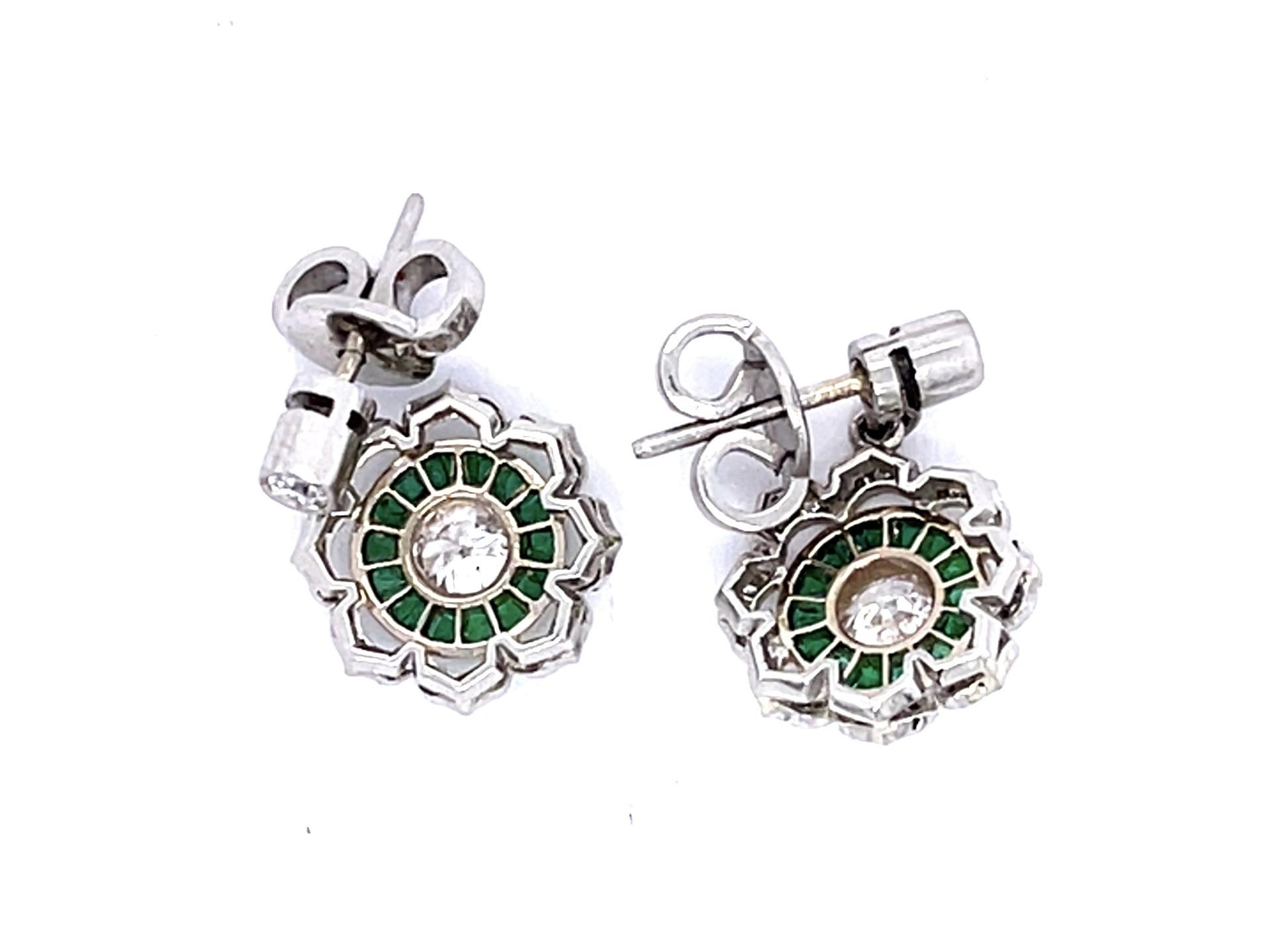 .89ct Old European Diamond 1.06ct Calibre-cut Emeralds Platinum+18KY Earrings