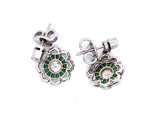 .89ct Old European Diamond 1.06ct Calibre-cut Emeralds Platinum+18KY Earrings