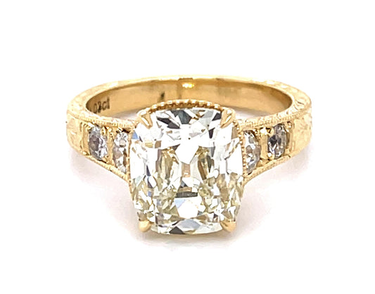 4.03ct N VS2 GIA Old Mine Cushion Diamond 18KY Ring