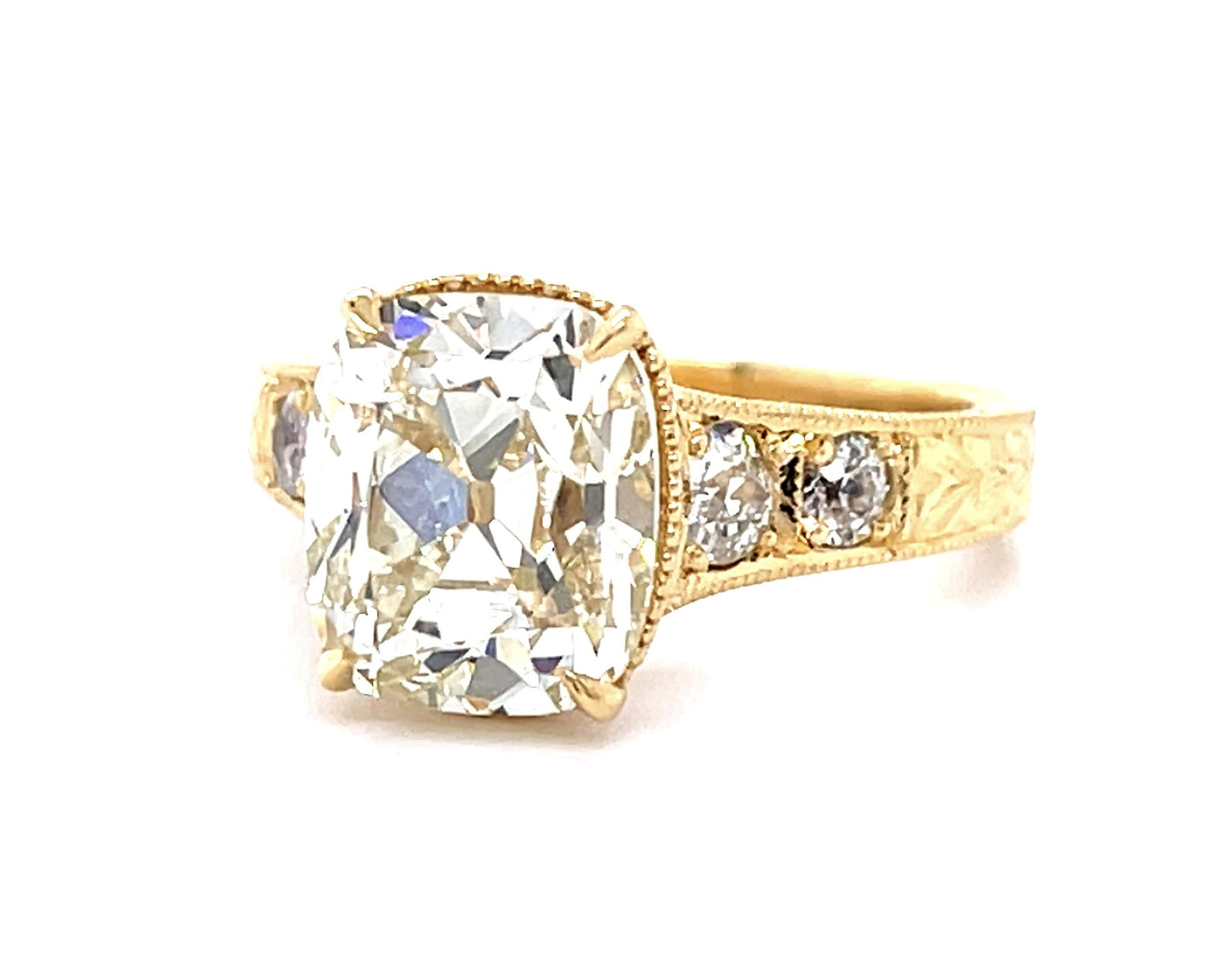 4.03ct N VS2 GIA Old Mine Cushion Diamond 18KY Ring