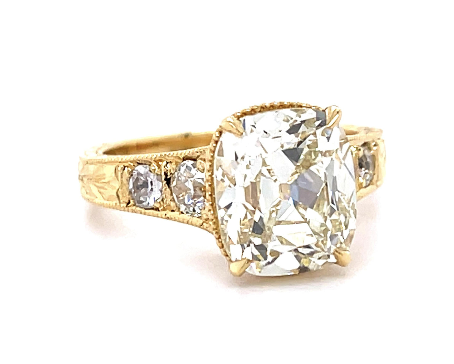 4.03ct N VS2 GIA Old Mine Cushion Diamond 18KY Ring