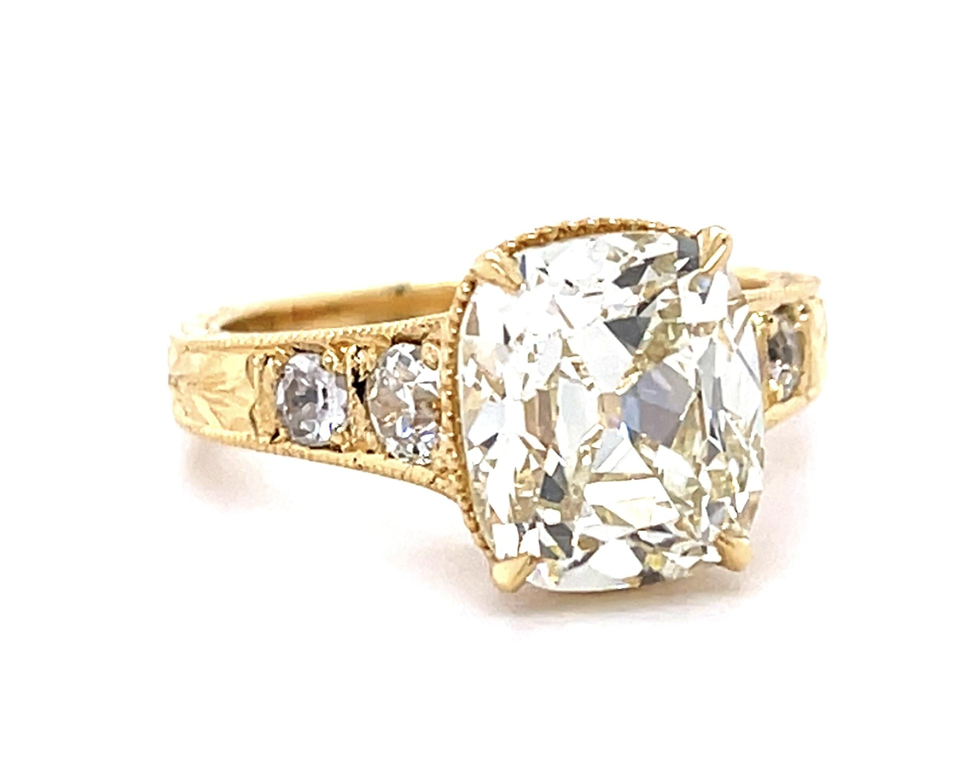 4.03ct N VS2 GIA Old Mine Cushion Diamond 18KY Ring