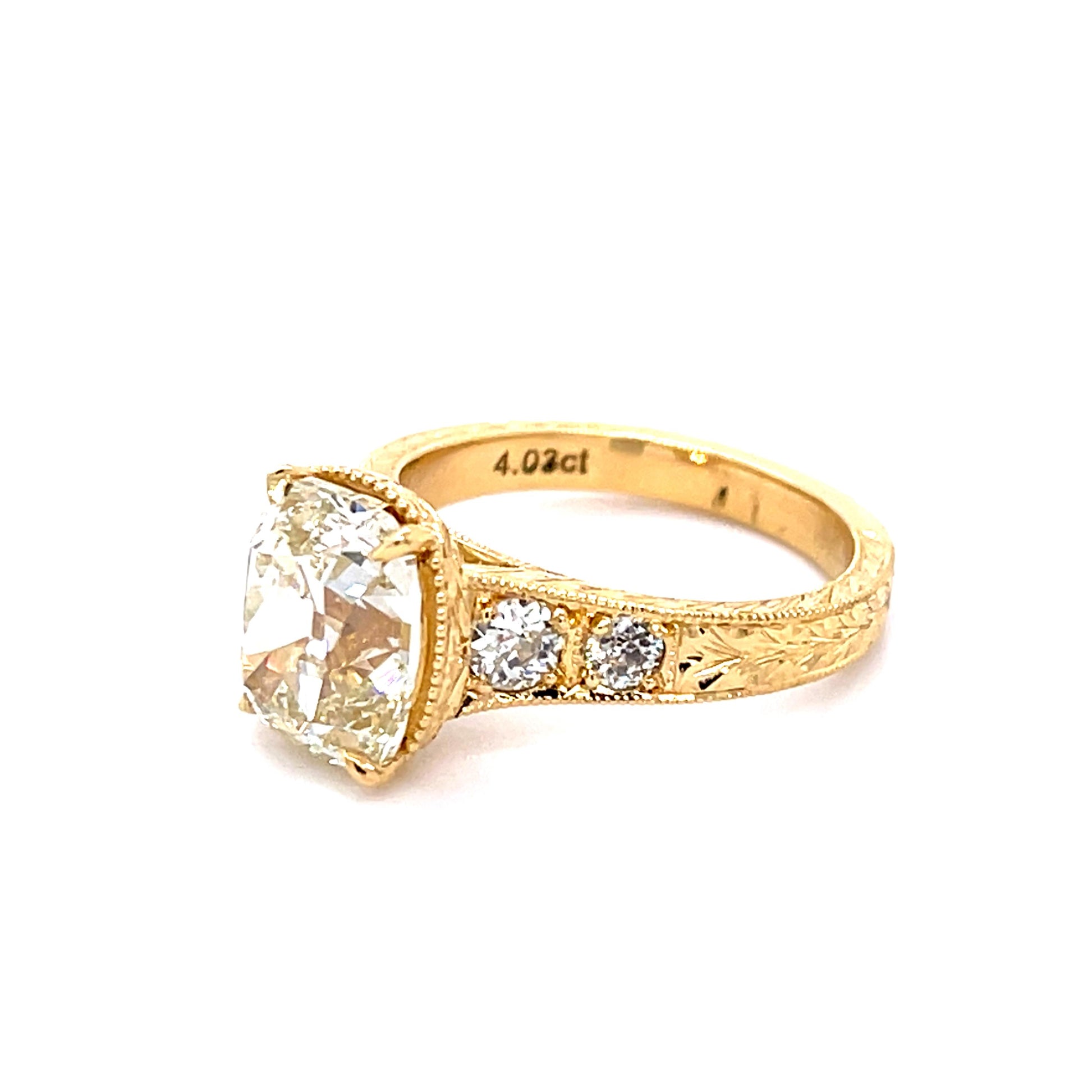 4.03ct N VS2 GIA Old Mine Cushion Diamond 18KY Ring