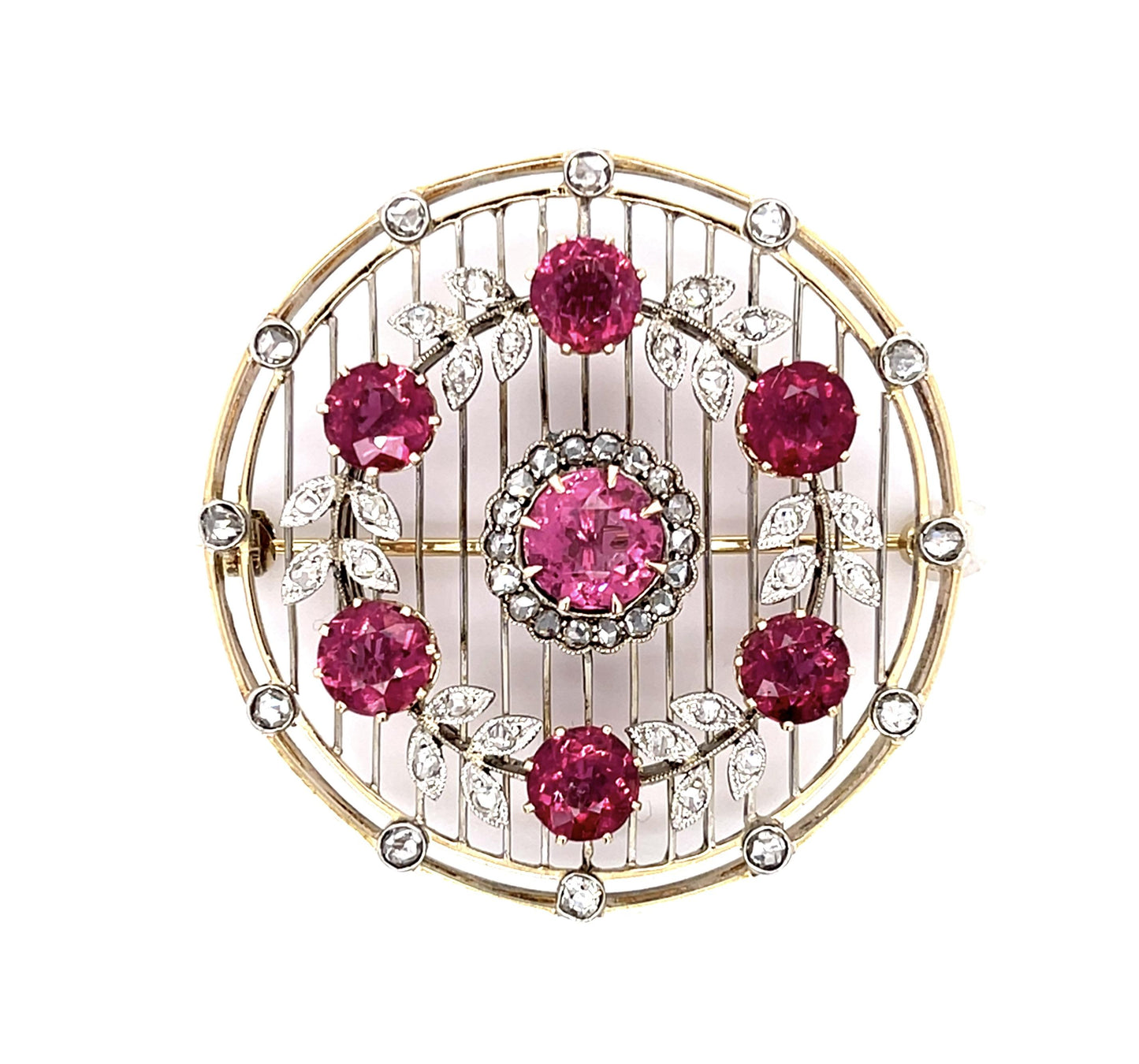 Edwardian 8ct Pink Tourmaline 1ct Rose-cut Diamond PT+14KY Flower Wreath Brooch