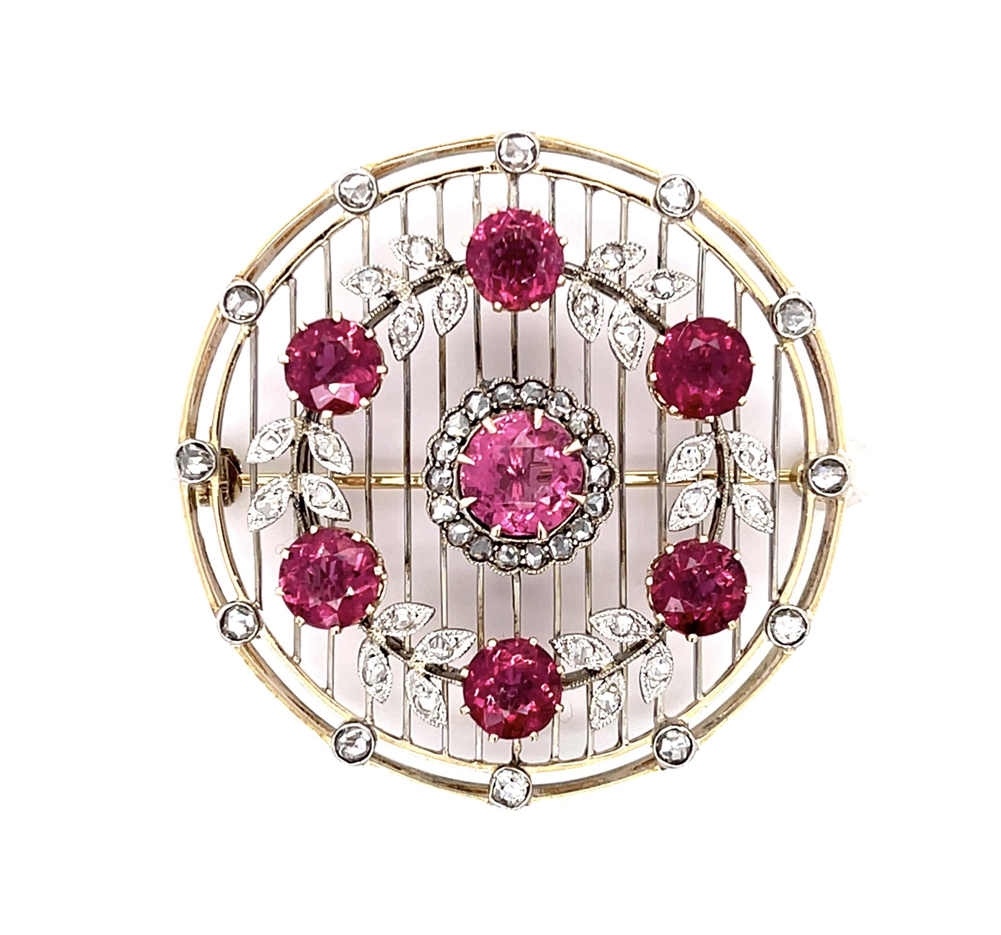 Edwardian 8ct Pink Tourmaline 1ct Rose-cut Diamond PT+14KY Flower Wreath Brooch
