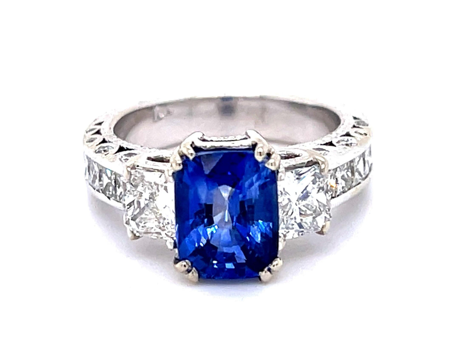 3.02ct Emerald-cut Sapphire .70ct Princess Diamond 18KW Ring 1.68ct SD